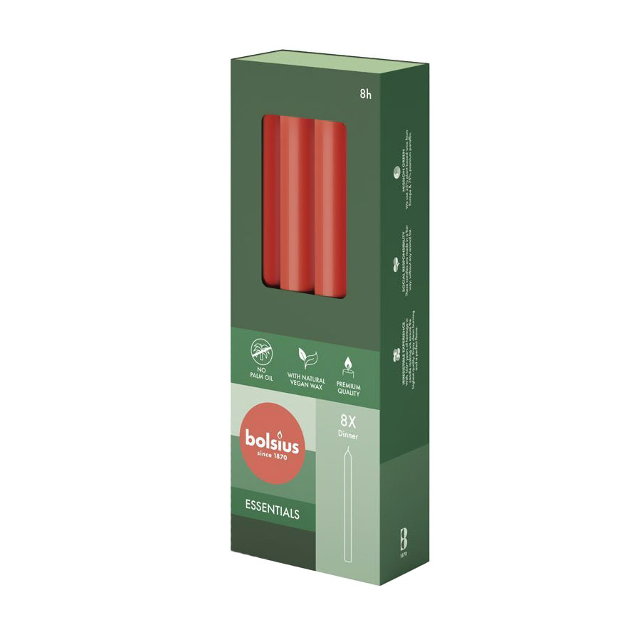 Набір циліндричних свічок Bolsius Essentials Ніжно-червоний, 230*20 мм, 8 шт