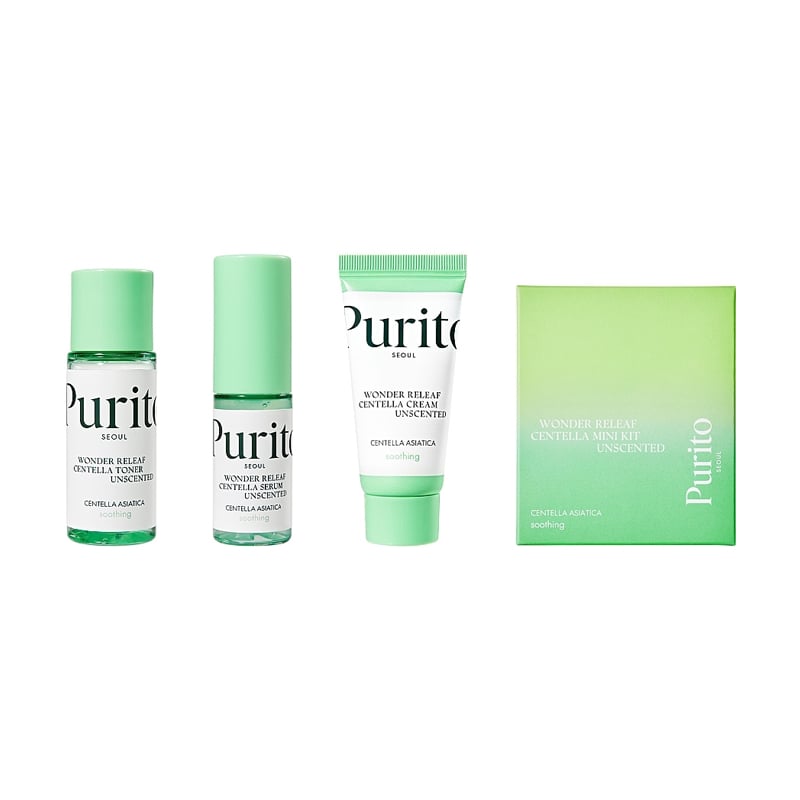 Набір засобів-мініатюр Purito Seoul Wonder Releaf Centella Mini Kit Unscented з центелою, без олій (тонер, 30 мл + сироватка, 15 мл + крем, 12 мл)