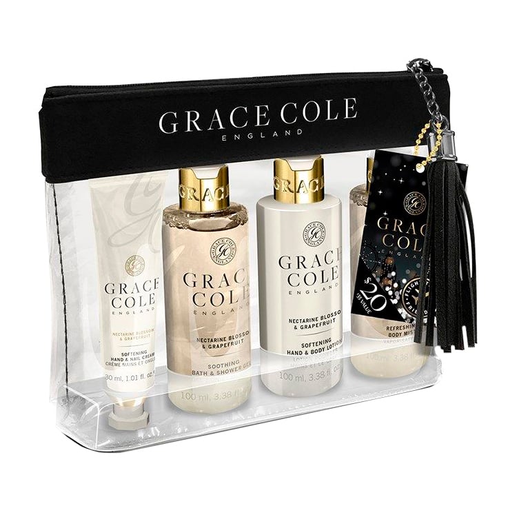 Набір жіночий Grace Cole Travel Set Nectarine Blossom &amp; Grapefruit (крем для рук і нігтів 30 мл + гель для душу 100 мл + лосьйон для тіла і рук 100 мл + спрей для тіла 100 мл + косметичка)