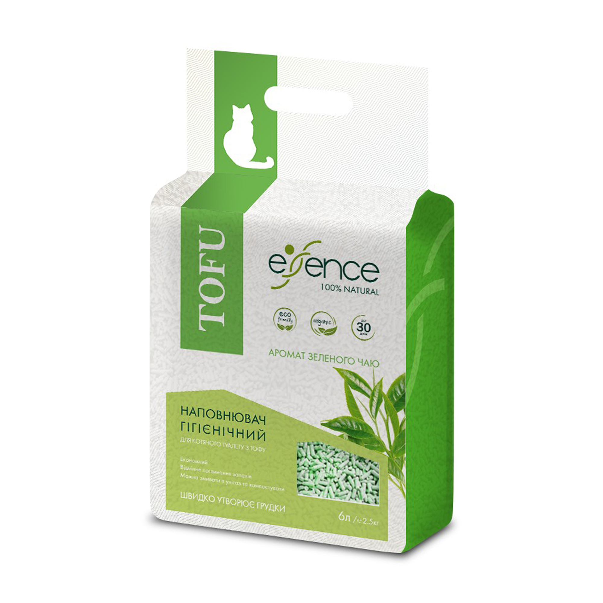 Наповнювач туалетів для кішок Essence Tofu, гранули 2 мм, з ароматом зеленого чаю, 2.5 кг
