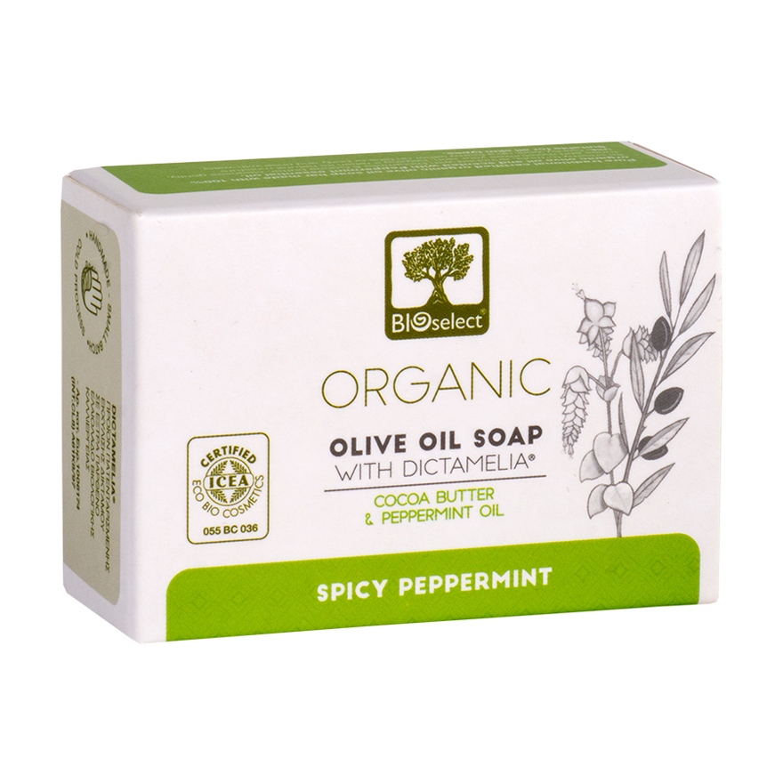 Натуральне оливкове мило для обличчя та тіла BIOselect Olive Oil Soap для щоденного догляду, з маслом какао та м'ятою, 80 г