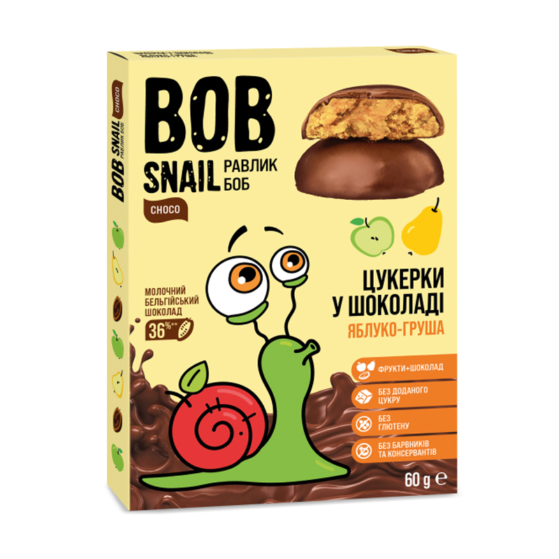 Натуральні цукерки Bob Snail Яблучно-грушеві в бельгійському молочному шоколаді, 60 г