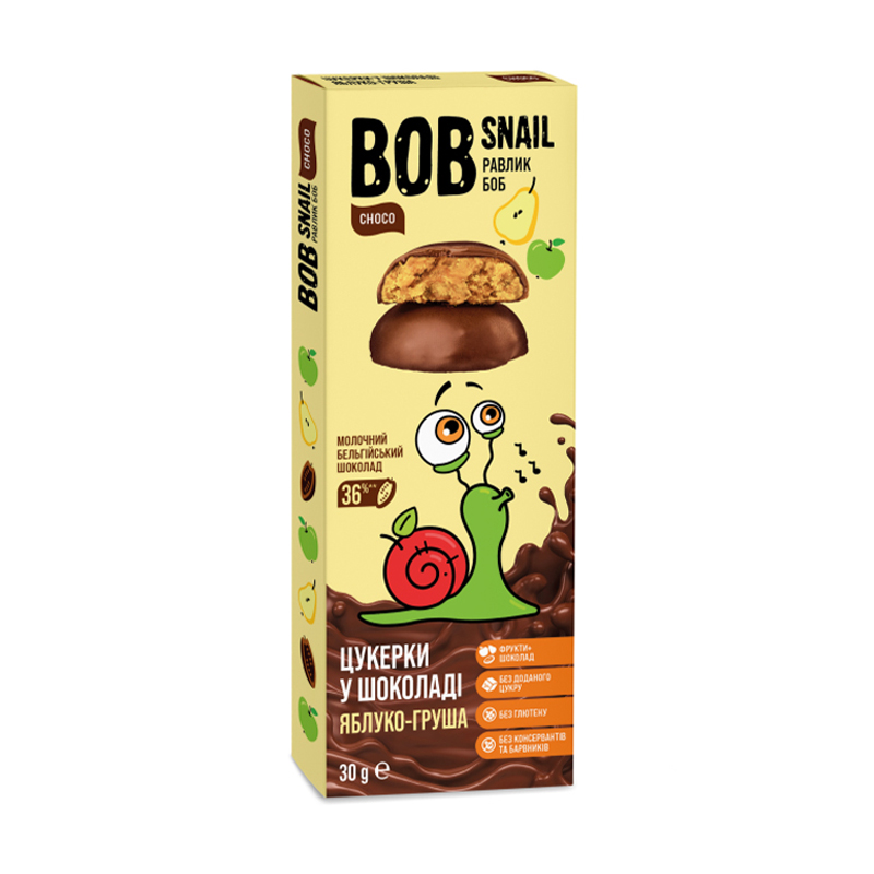 Натуральні цукерки Bob Snail Яблучно-грушеві в бельгійському  молочному шоколаді, 30 г