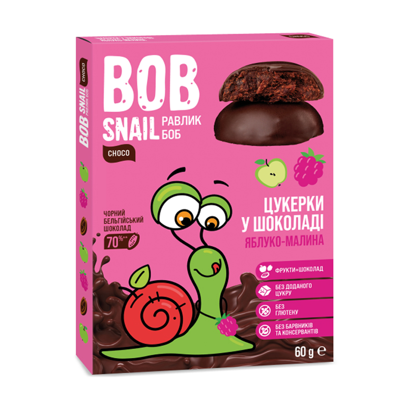 Натуральні цукерки Bob Snail Яблучно-малинові в бельгійському чорному шоколаді, 60 г