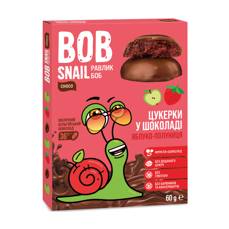 Натуральні цукерки Bob Snail Яблучно-полуничні в бельгійському молочному шоколаді, 60 г
