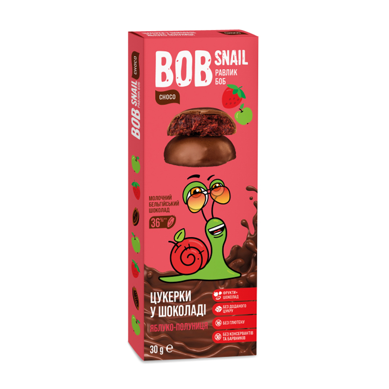 Натуральні цукерки Bob Snail Яблучно-полуничні в бельгійському молочному шоколаді, 30 г