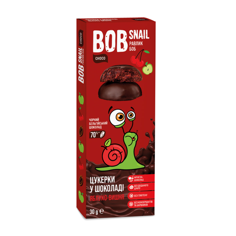 Натуральні цукерки Bob Snail Яблучно-вишневі в бельгійському чорному шоколаді, 30 г