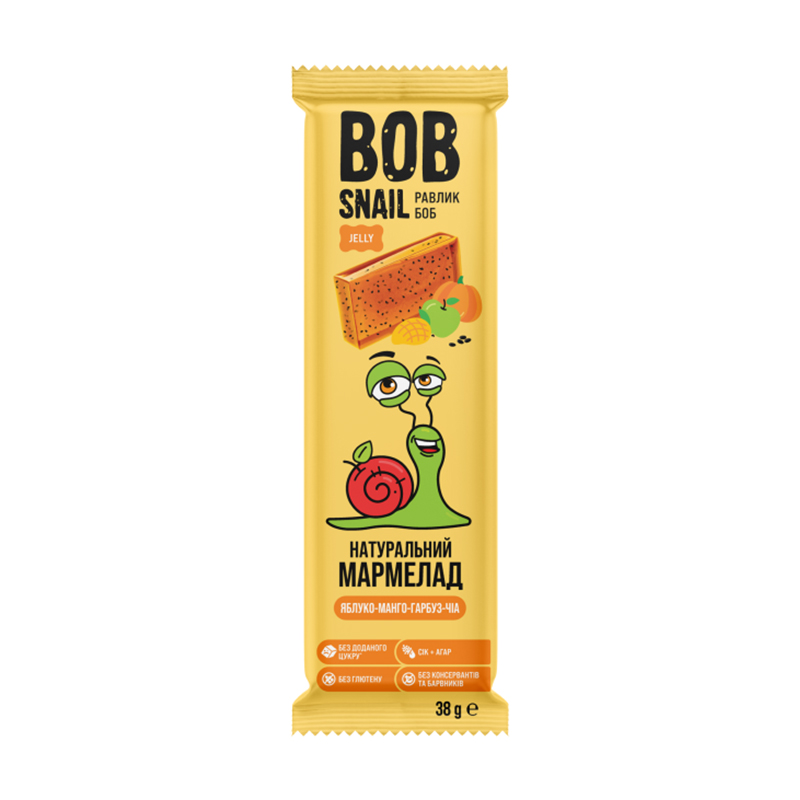 Натуральний фруктовий мармелад Bob Snail Яблуко-манго-гарбуз-чіа, квадратний, 38 г