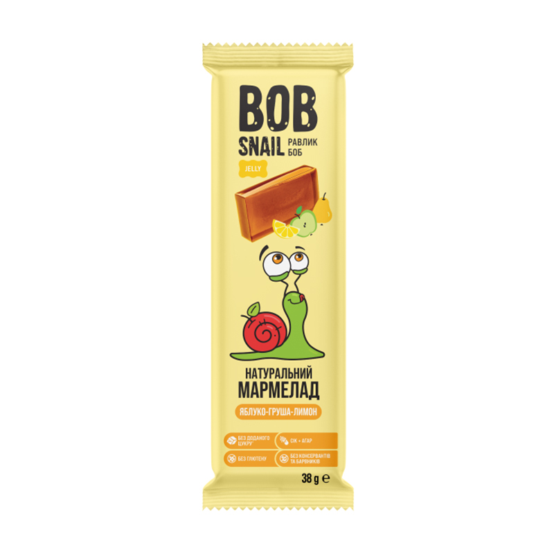 Натуральний мармелад Bob Snail Яблуко-груша-лимон, квадратний, 38 г