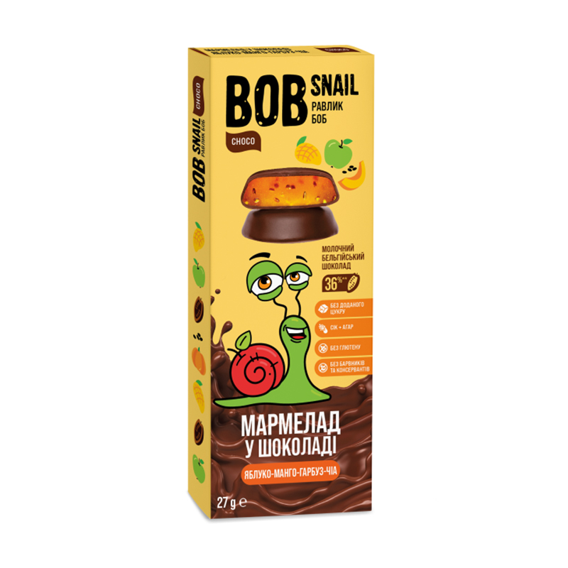 Натуральний мармелад Bob Snail Яблуко-манго-гарбуз-чіа в молочному шоколаді, 27 г