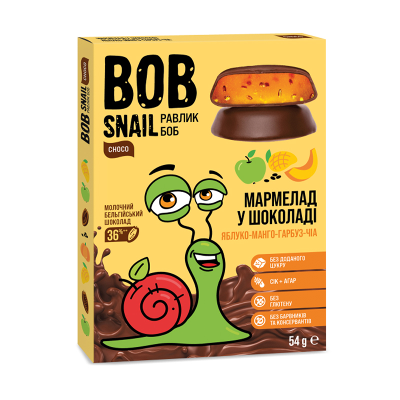 Натуральний мармелад Bob Snail Яблуко-манго-гарбуз-чіа в молочному шоколаді, 54 г