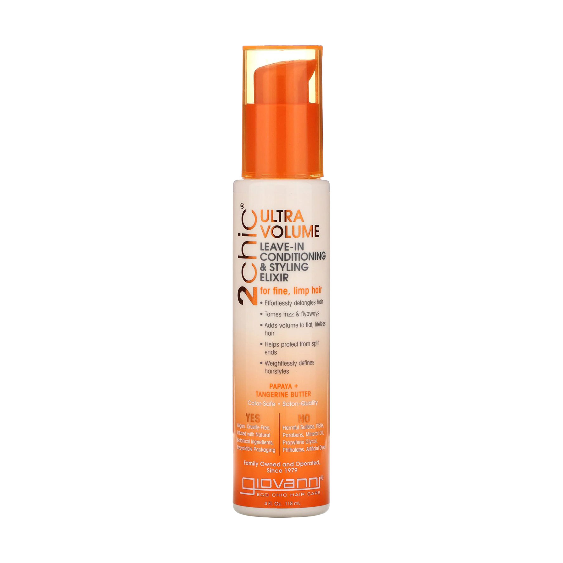Незмивний кондиціонер-стайлер Giovanni 2chic Ultra-Volume Leave-In Conditioning &amp; Styling Elixir Tangerine &amp; Papaya Butter для об'єму волосся, 118 мл