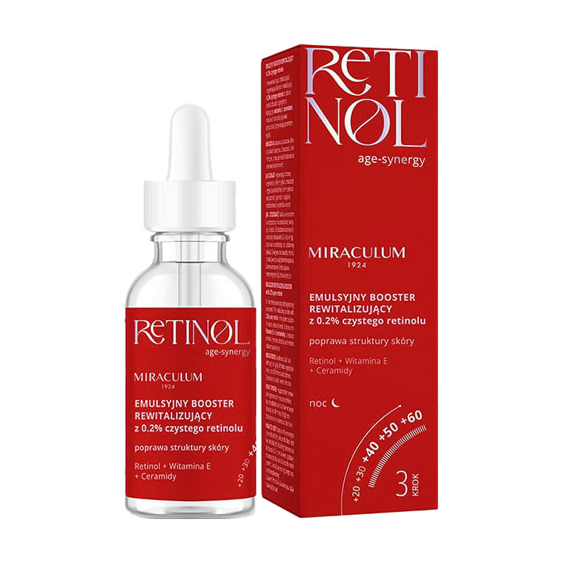 Нічна ревіталізувальна емульсія-бустер для обличчя Miraculum Retinol Age-Synergy Emulsion Revitalizing Booster Step 3 з 0.2% чистим ретинолом, 30 мл