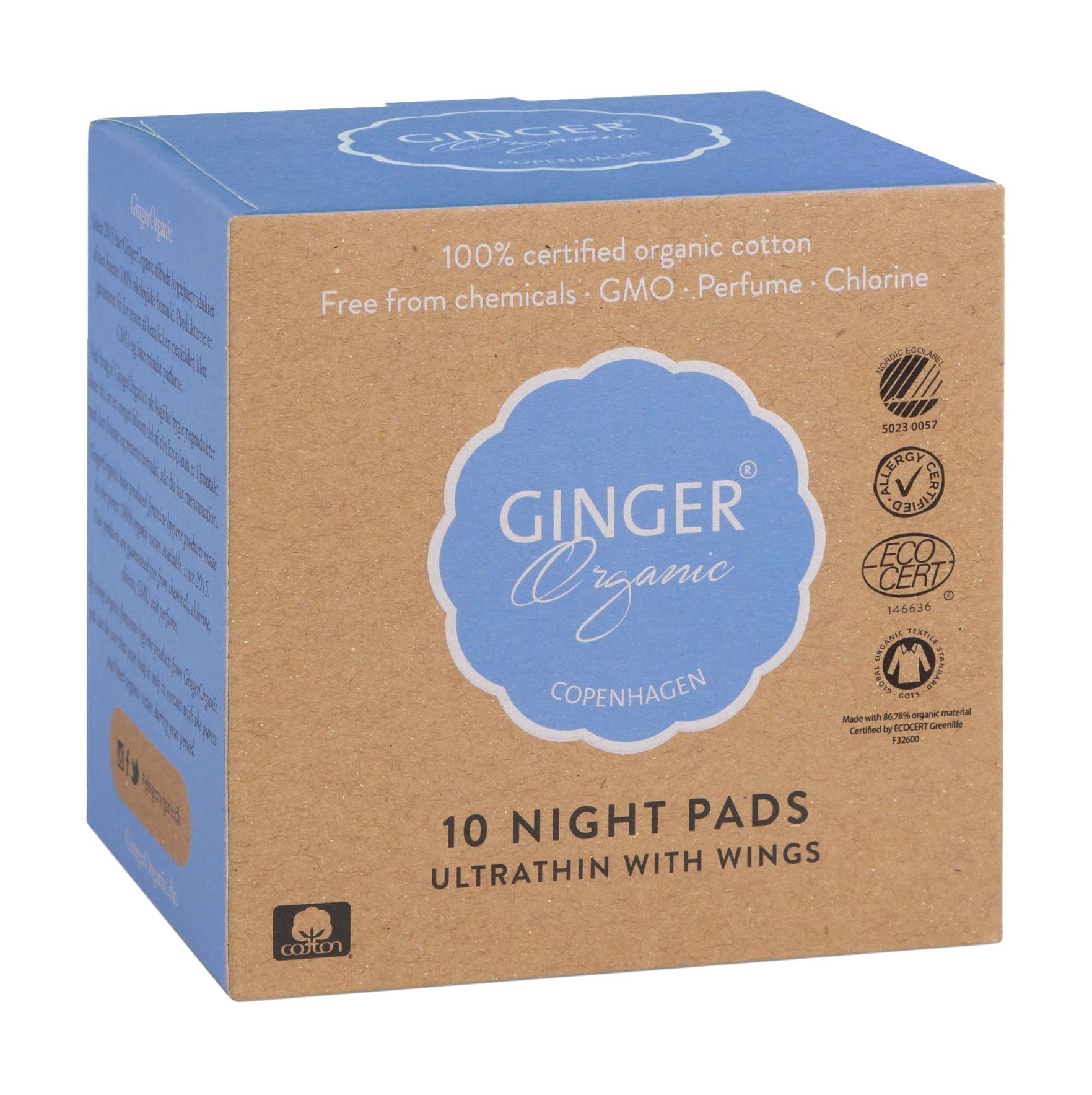 Нічні гігієнічні прокладки GingerOrganic, 10 шт