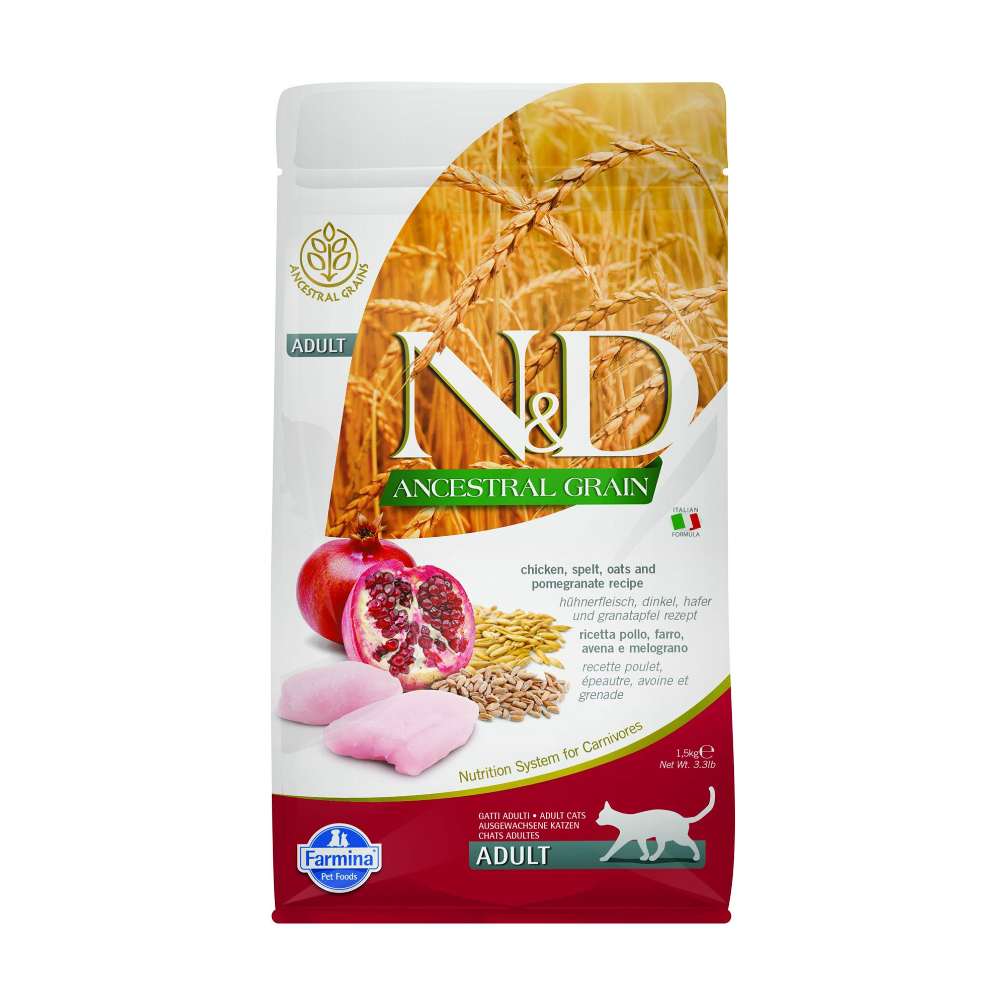 Низькозерновий сухий корм для дорослих котів Farmina N&amp;D Ancestral Grain Adult з куркою, вівсом, спельтою та гранатом, 1.5 кг