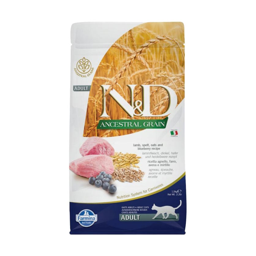 Низькозерновий сухий корм для дорослих котів Farmina N&amp;D Ancestral Grain Adult з ягням, вівсом, спельтою та чорницею, 1.5 кг