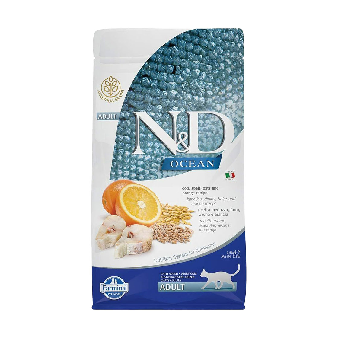 Низькозерновий сухий корм для дорослих котів Farmina N&amp;D Ocean Adult з тріскою, спельтою, вівсом та апельсином, 1.5 кг