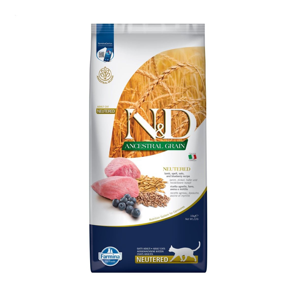 Низькозерновий сухий корм для дорослих котів Farmina N&amp;D Ancestral Grain Adult з ягням, вівсом, спельтою та чорницею, 10 кг