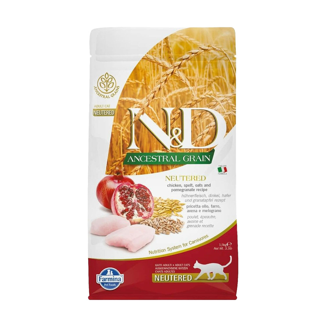 Низькозерновий сухий корм для стерилізованих дорослих котів Farmina N&amp;D Ancestral Grain Neutered Adult з куркою, спельтою, вівсом та гранатом, 1.5 кг