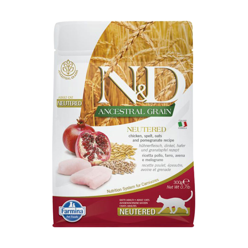 Низькозерновий сухий корм для стерилізованих дорослих котів Farmina N&amp;D Ancestral Grain Neutered Adult з куркою, спельтою, вівсом та гранатом, 300 г