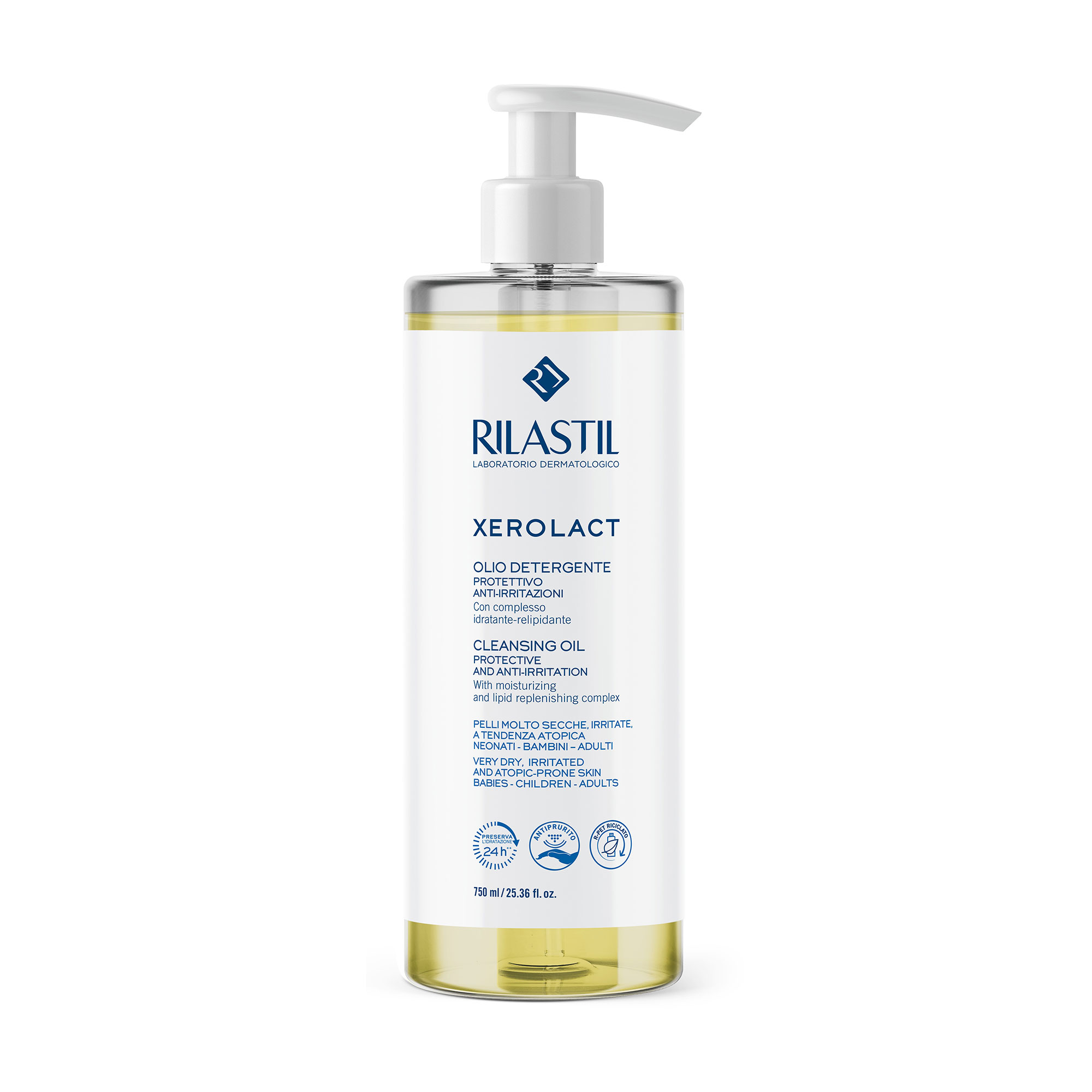Очищувальна олія для обличчя та тіла Rilastil Xerolact Cleansing Oil для дуже сухої, схильної до подразнень та атопії шкіри, 750 мл