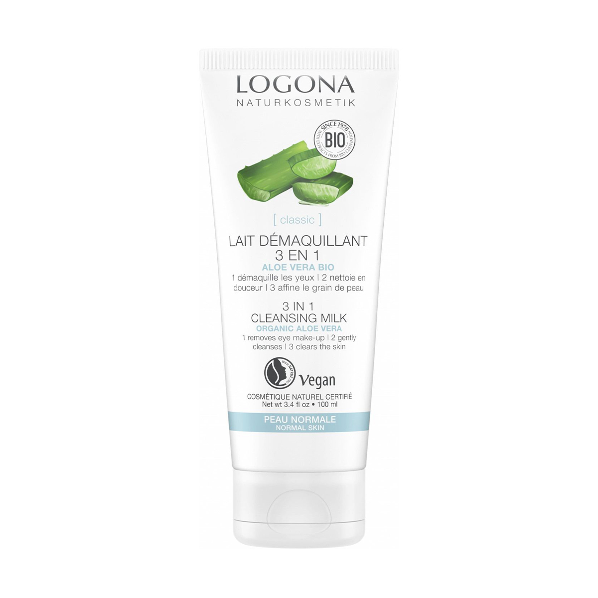 Очищувальне молочко для обличчя Logona 3 In 1 Cleansing Milk Organic Aloe Vera для нормальної шкіри, 100 мл