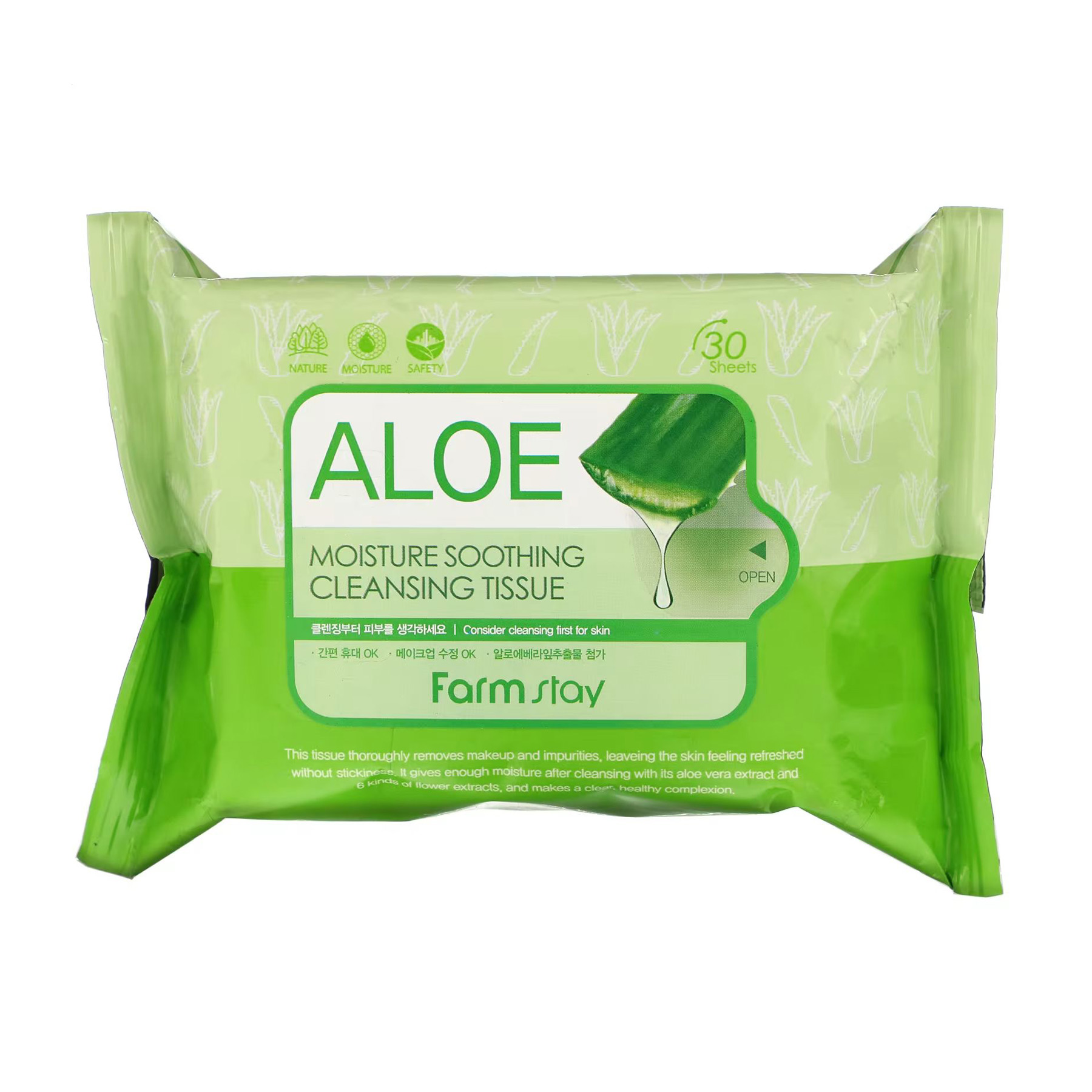 Очищувальні серветки для обличчя FarmStay Aloe Moisture Soothing Cleansing Tissue з алое, 30 шт