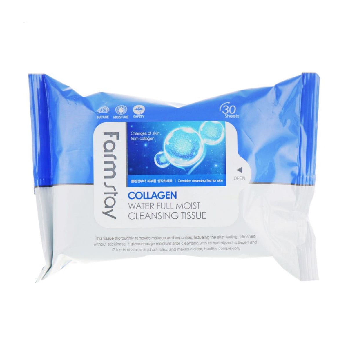 Очищувальні серветки для обличчя FarmStay Collagen Water Full Moist Cleansing Tissue з колагеном, 30 шт