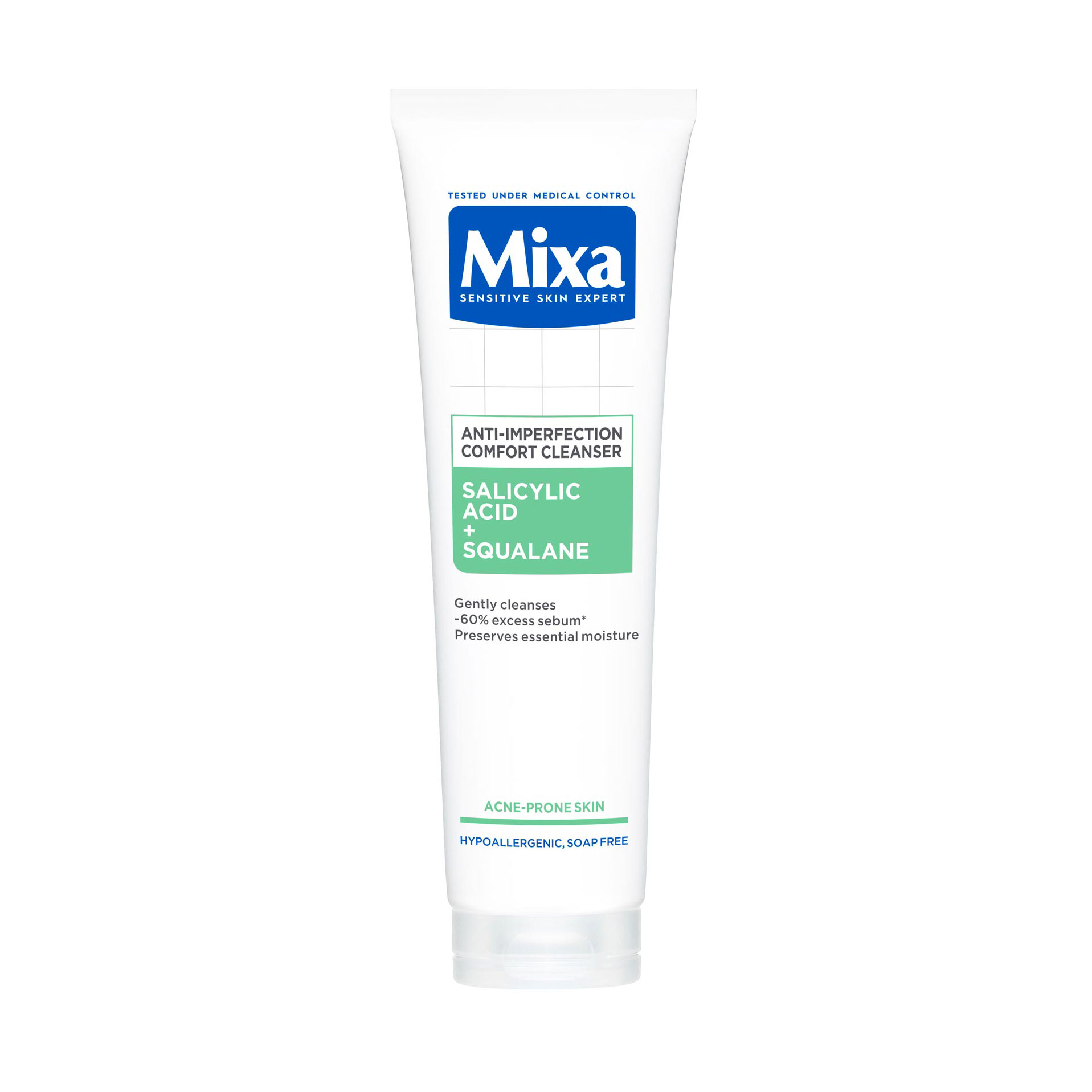 Очищувальний гель Mixa Anti-Imperfection Comfort Cleanser проти недоліків шкіри обличчя, з саліциловою кислотою та скваланом, 150 мл