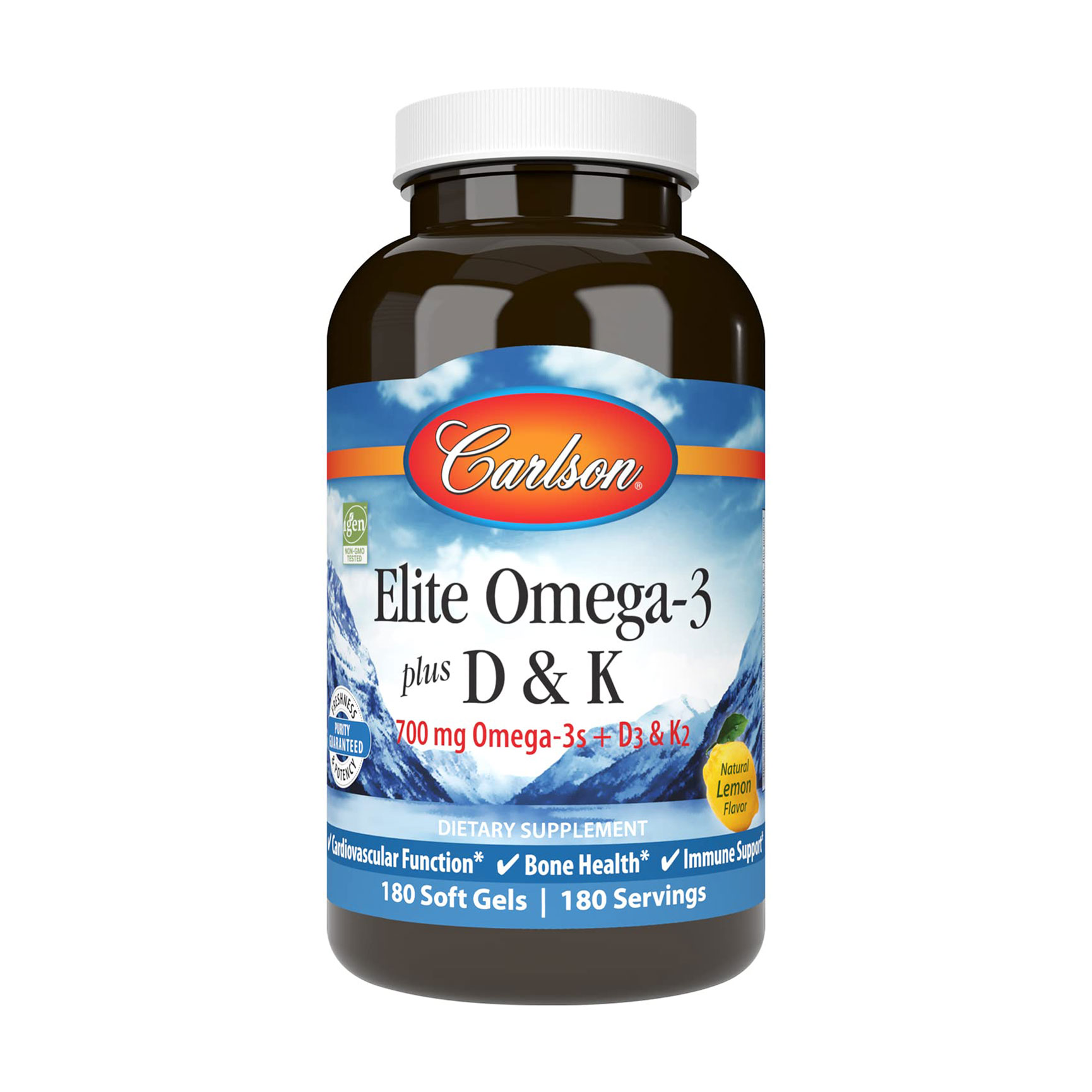 Омега-3 Carlson Labs Elite Omega-3 Plus D &amp; K з вітамінами D та K, зі смаком лимону, 180 гелевих капсул