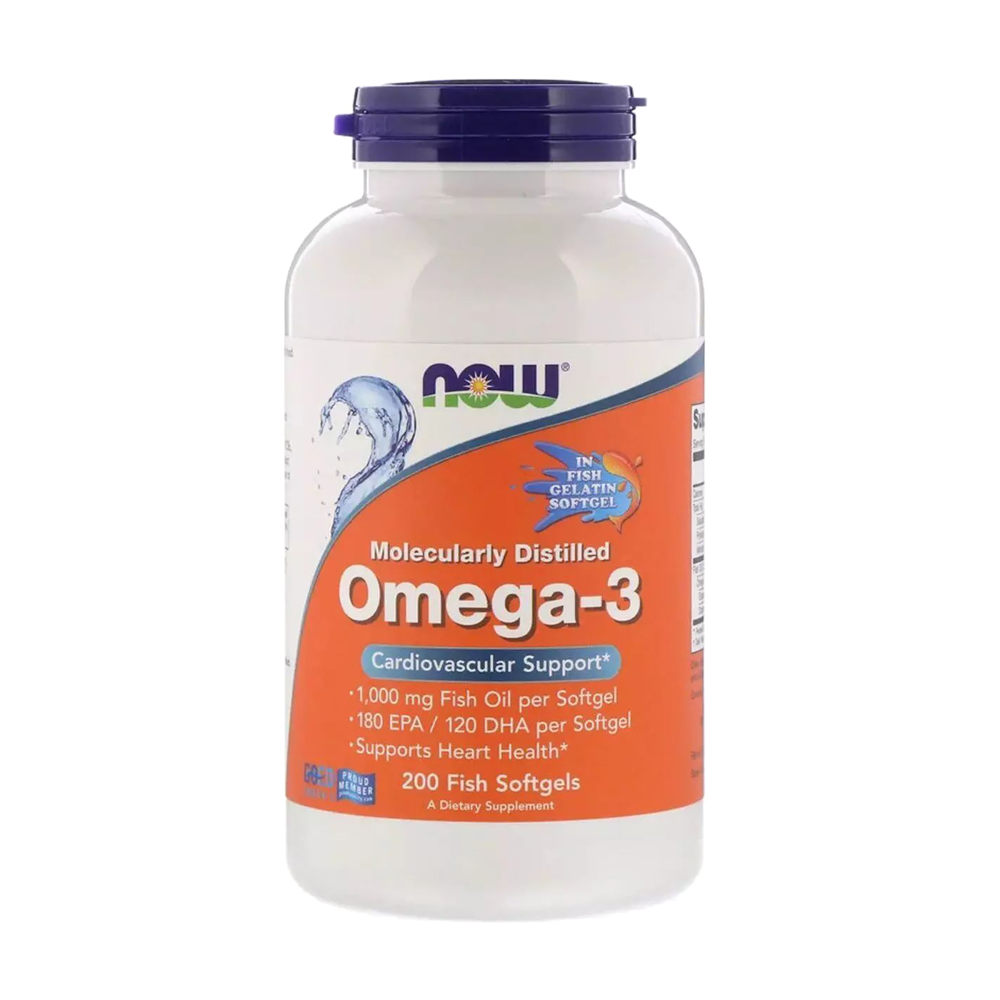 Омега-3 NOW Foods Molecularly Distilled Omega-3 180 EPA/120 DHA 1000 мг, 200 капсул