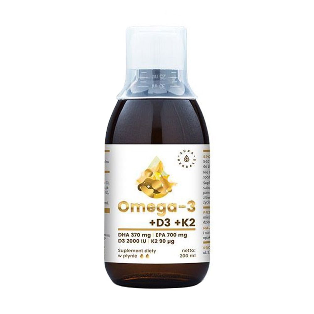 Омега-3 з вітамінами D3 + K2 Aura Herbals Omega + D3 + K2, DHA 370 мг + EPA 700 мг + 2000 МО + 90 мкг, 200 мл