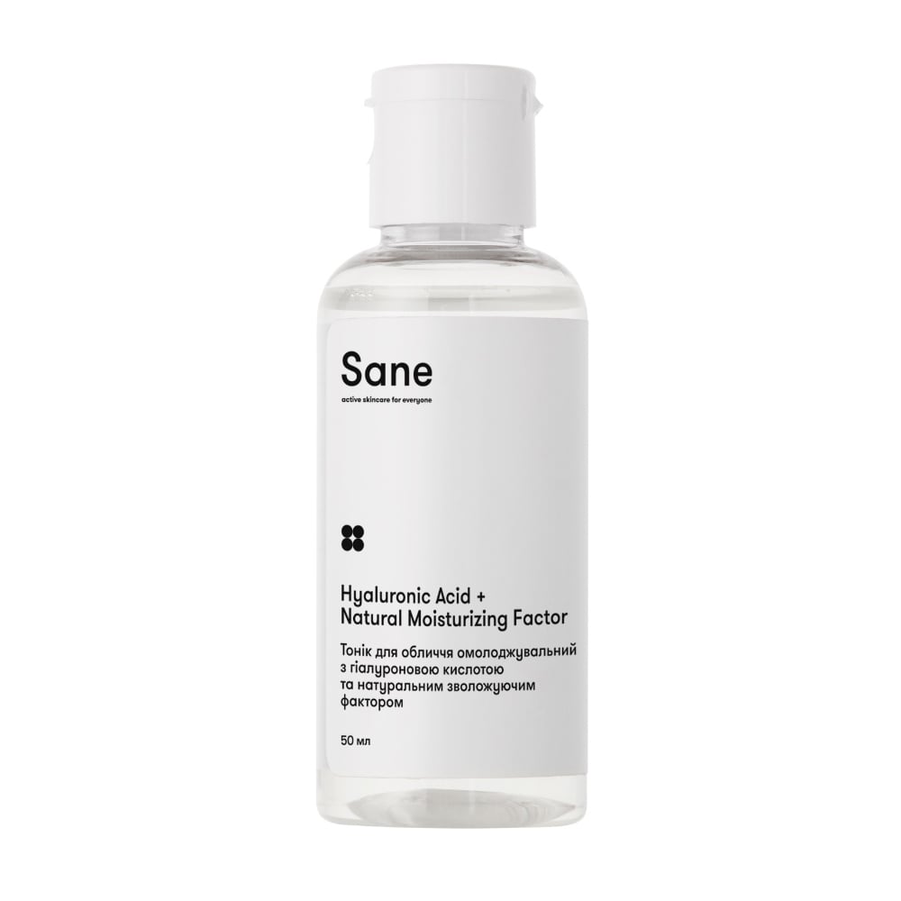 Омолоджувальний тонік для обличчя Sane Hyaluronic Acid Natural Moisturizing Factor з гіалуроновою кислотою та натуральним зволожуючим фактором, 50 мл