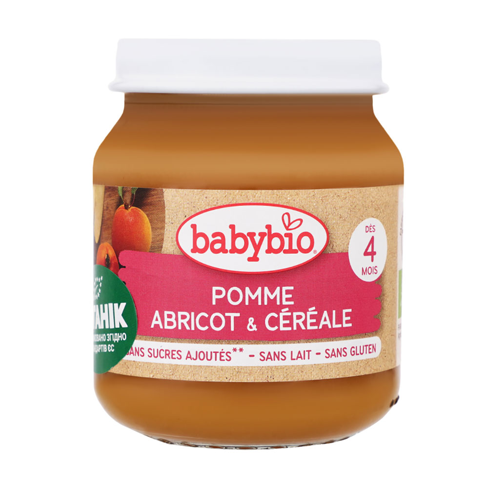 Органічне пюре Babybio з яблука, абрикосу та злаків, 130 г