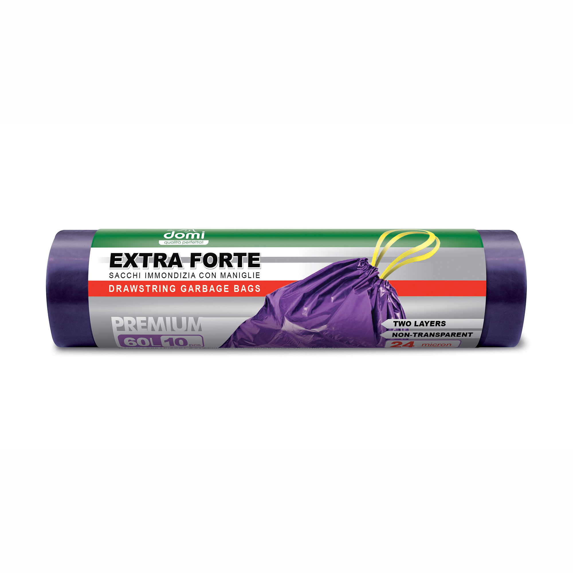Пакети для сміття Domi Extra Forte надміцні, з затяжками, фіолетові, 60 л, 10 шт