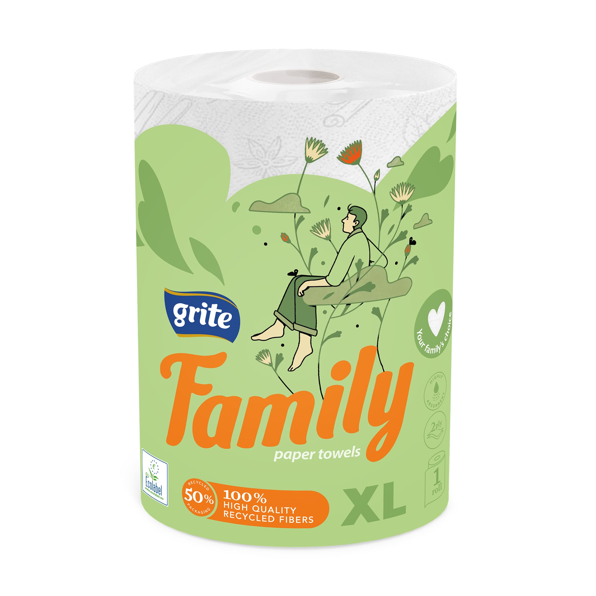 Паперові рушники Grite Family Jumbo XL 2-шарові, 250 відривів, 1 рулон