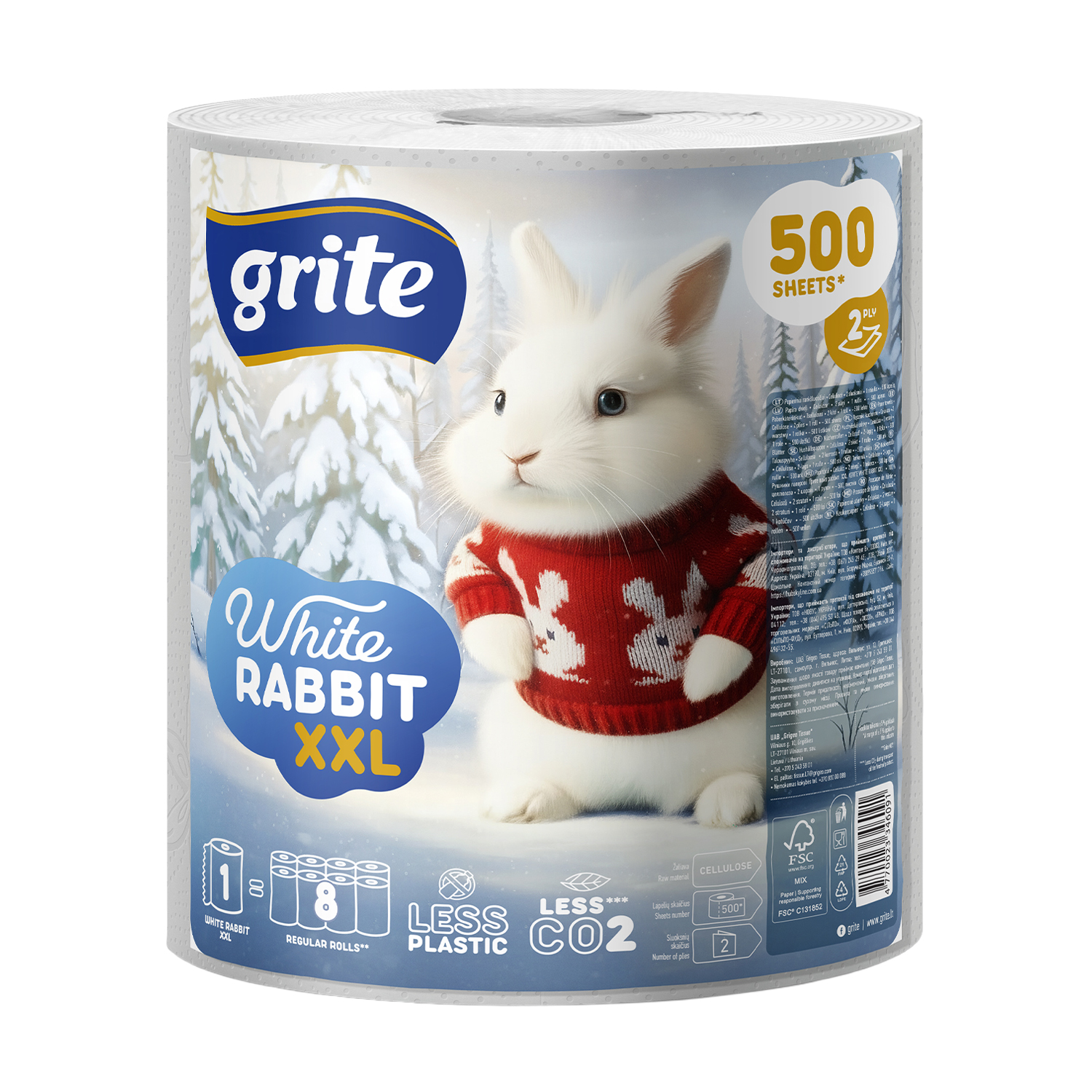 Паперові рушники Grite White Rabbit XXL, 2-шарові, 500 відривів, 1 рулон