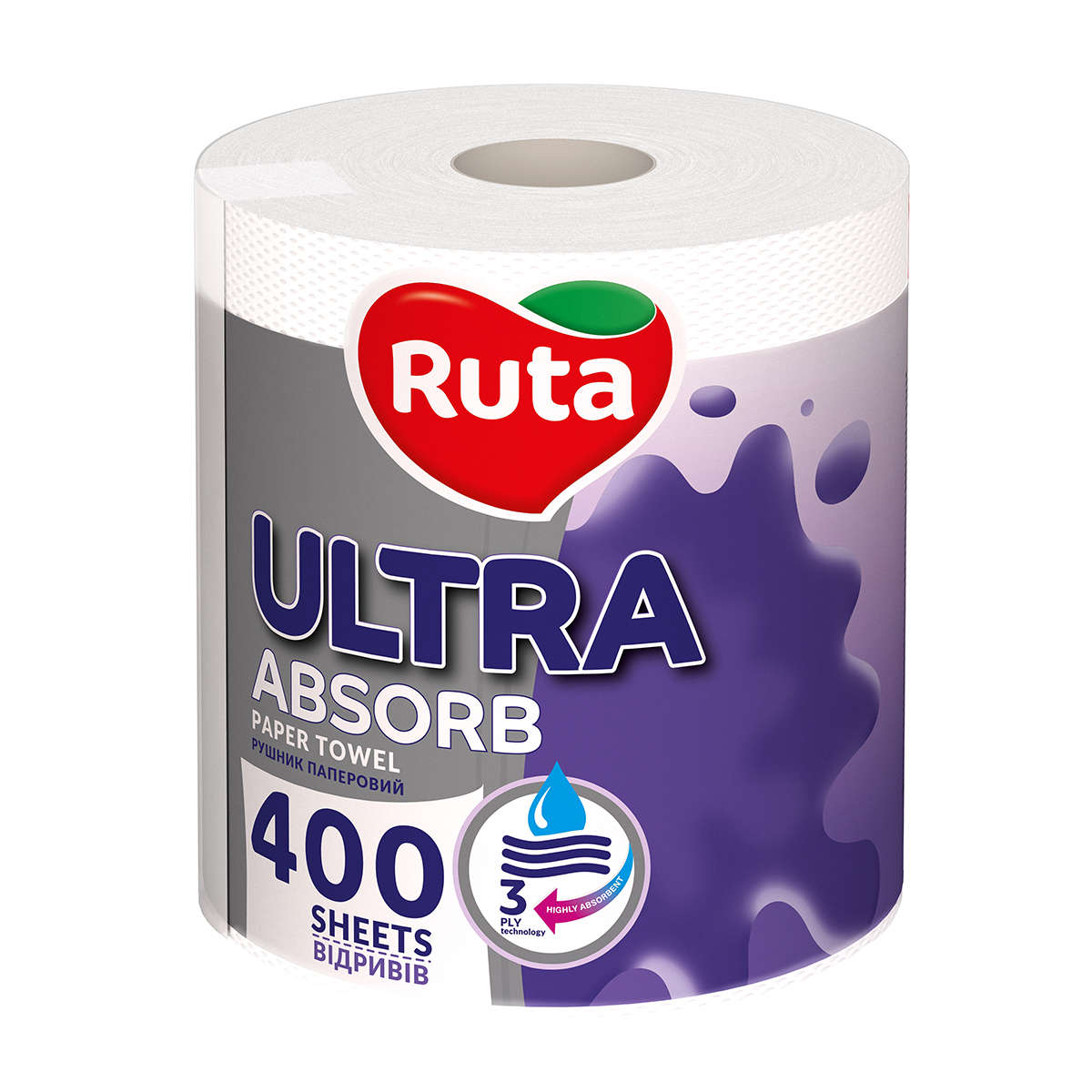 Паперові рушники Ruta Ultra, 3-шарові, 400 відривів, білі, 1 рулон