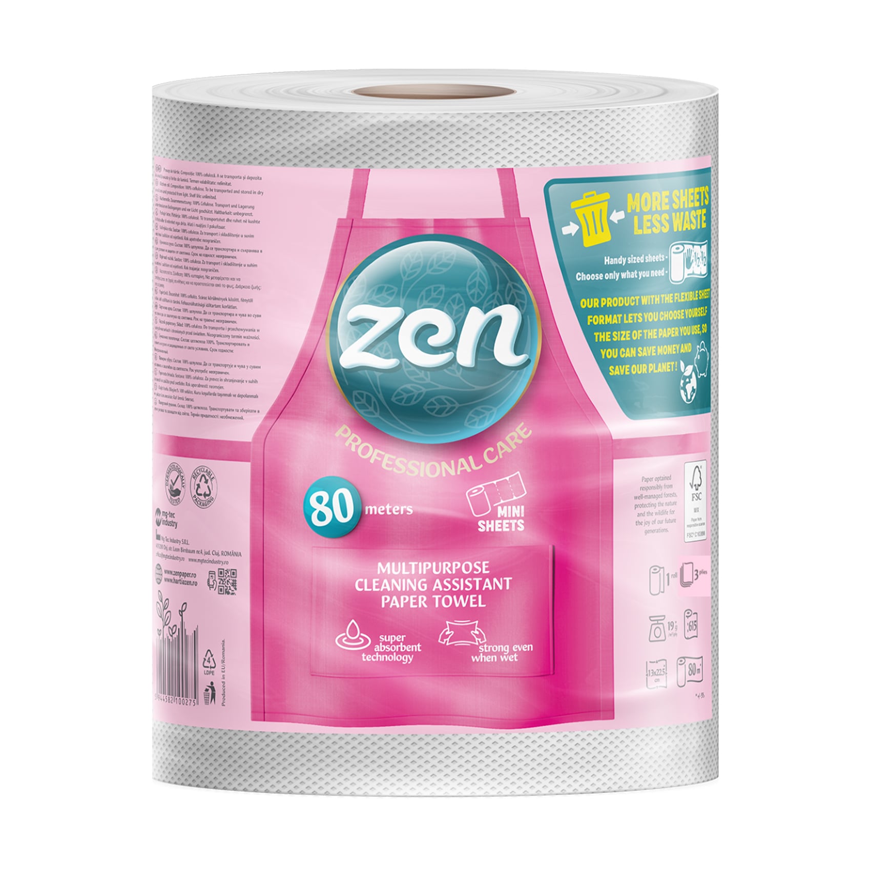 Паперові рушники Zen Professional Care, 3-шарові, 615 відривів, 1 рулон