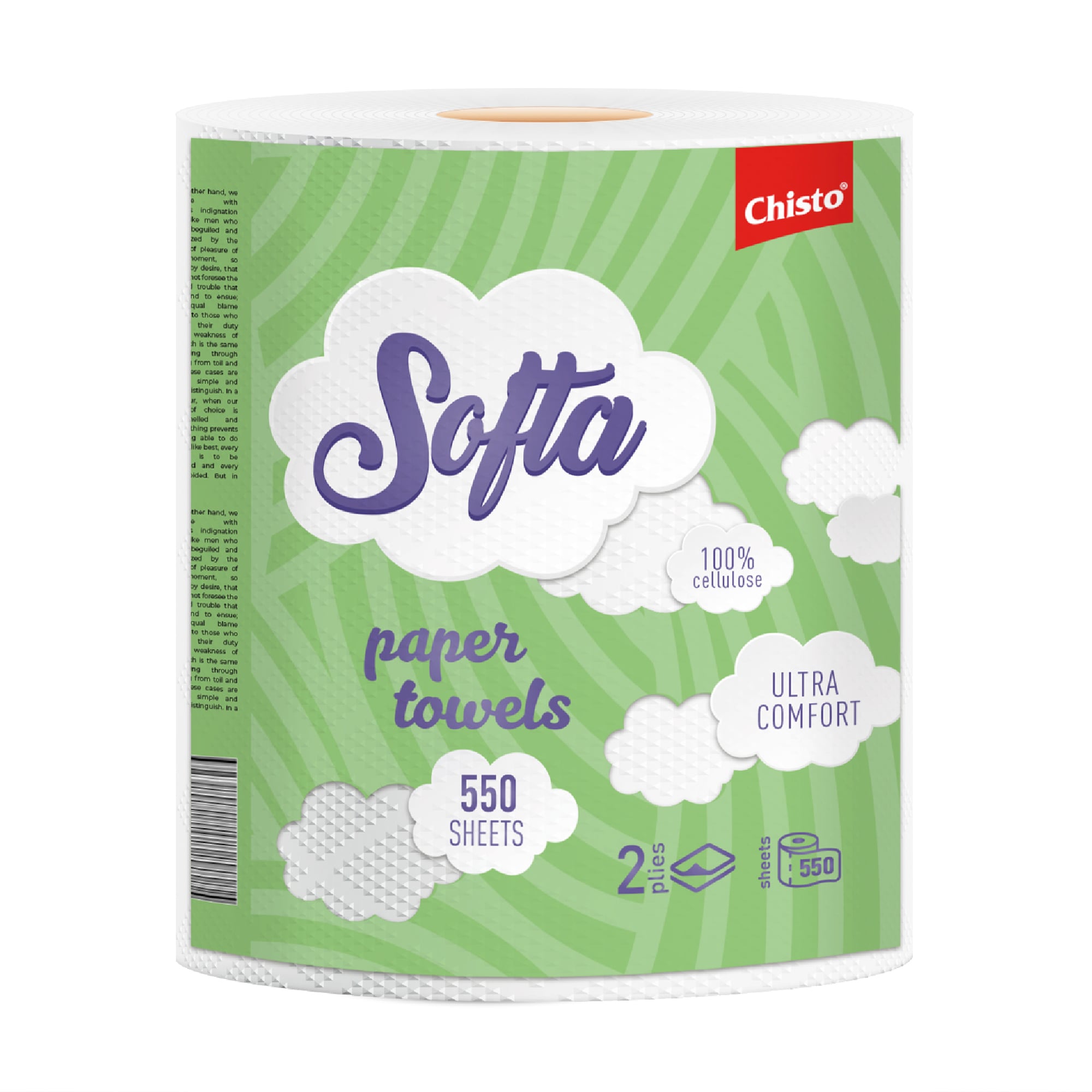 Паперовий рушник Chisto Softa Ultra Comfort білий, 2-шаровий, 550 відривів, 1 рулон