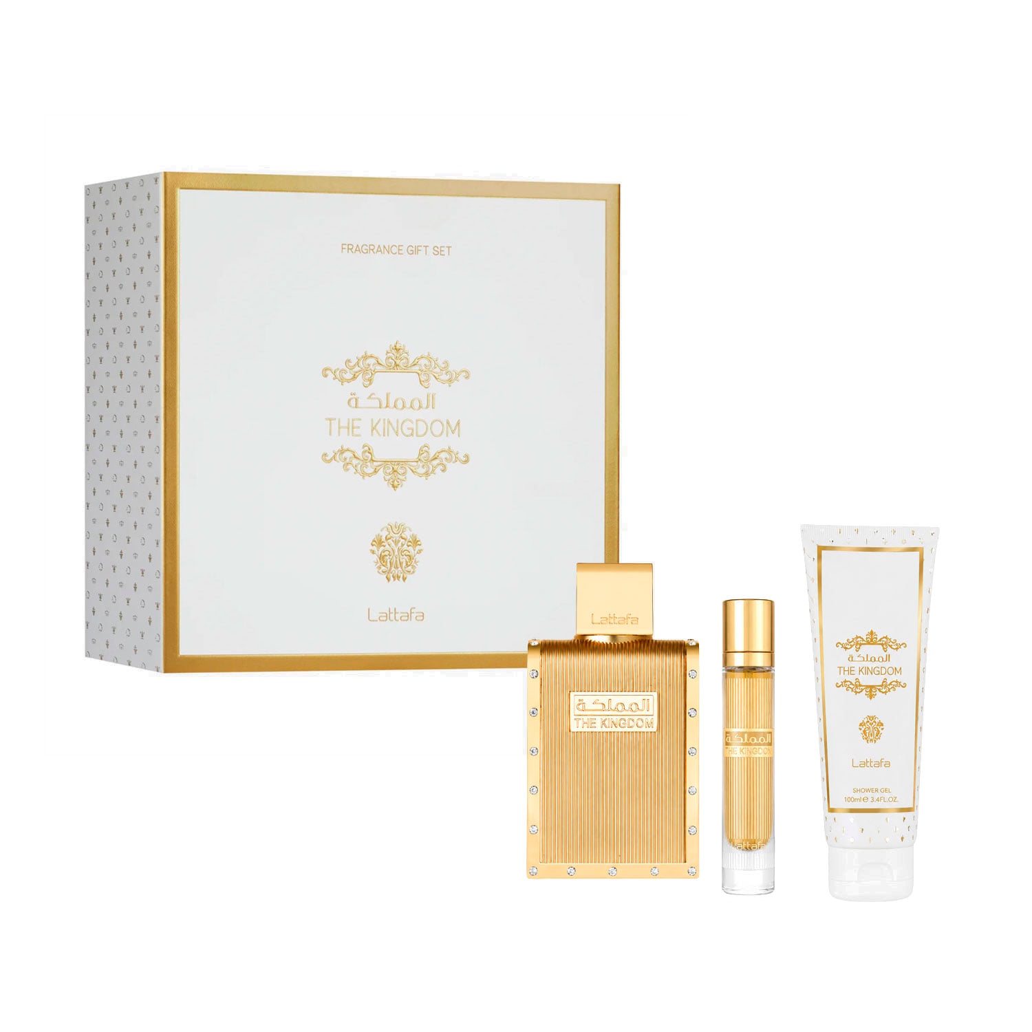 Парфумований набір чоловічий Lattafa Perfumes The Kingdom (парфумована вода, 100 мл + парфумована вода, 12 мл + гель для душу, 100 мл)