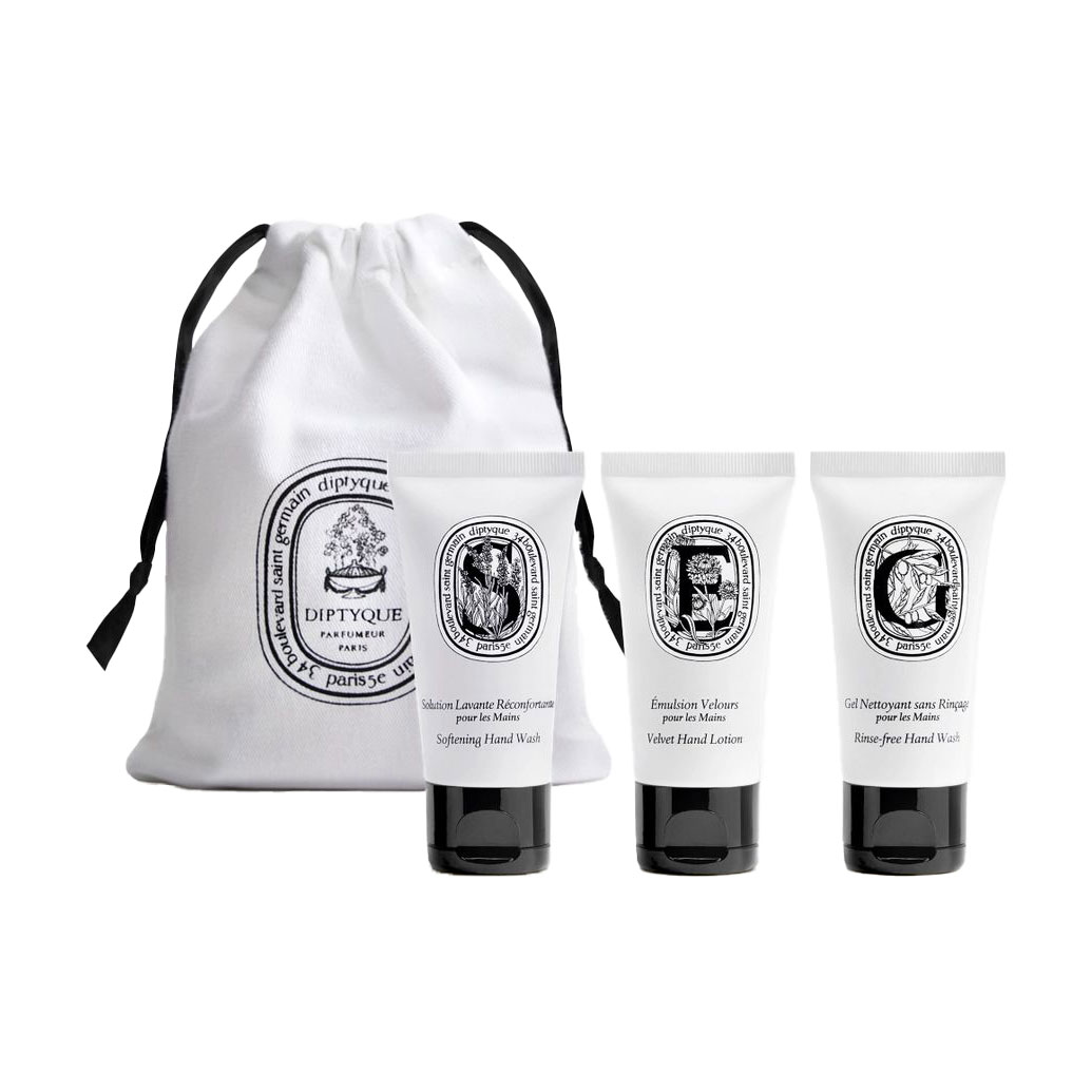 Парфумований набір для рук Diptyque The Art Of Hand Care Travel Set жіночий (лосьйон, 30 мл + очищувальний гель, 30 мл + мило, 30 мл + мішечок)
