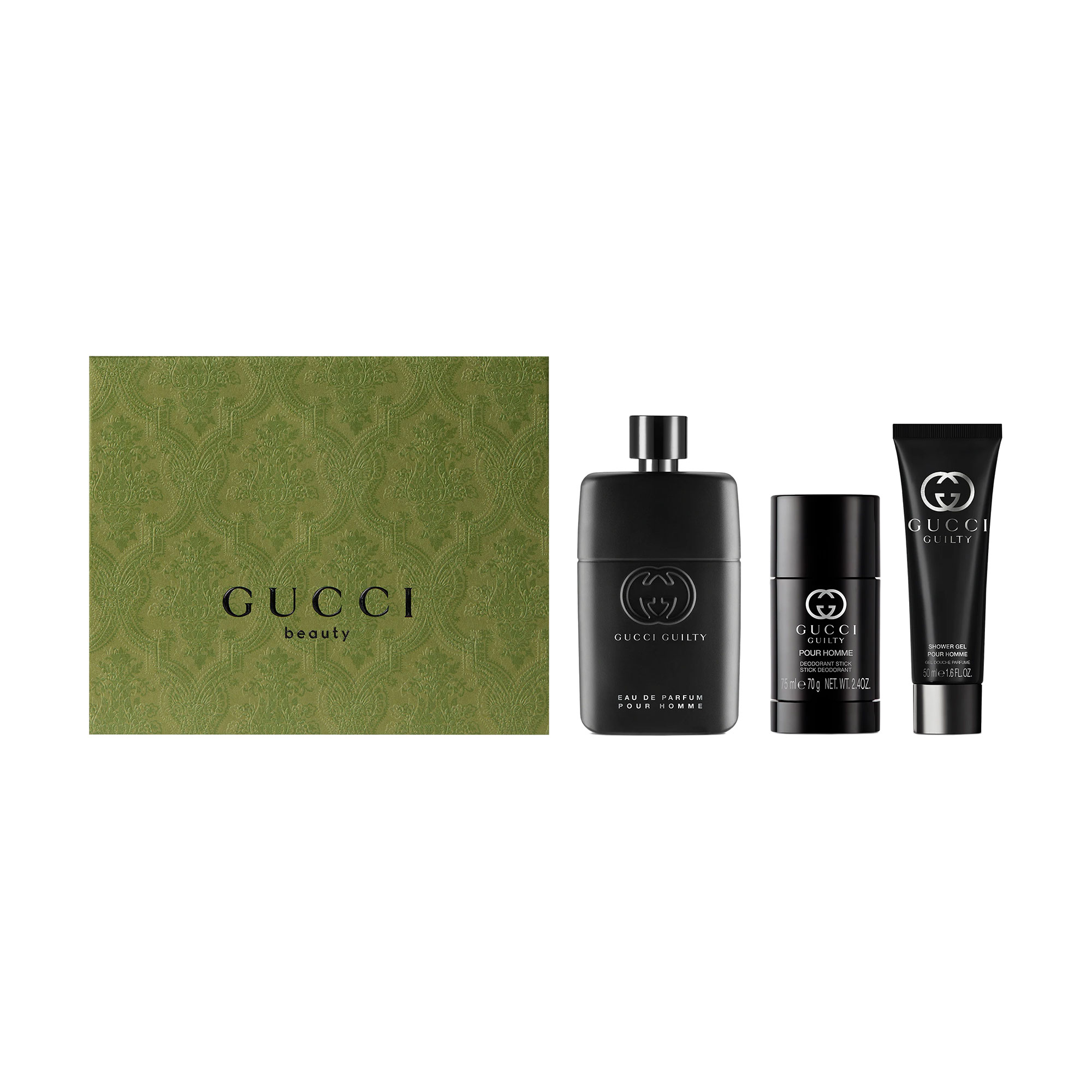 Парфумований набір Gucci Guilty Pour Homme чоловічий (парфумована вода, 90 мл + дезодорант-стік, 75 мл + гель для душу, 50 мл)