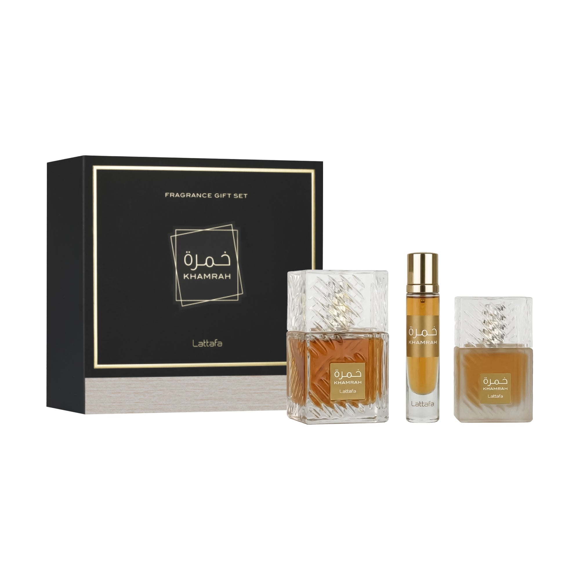 Парфумований набір унісекс Lattafa Perfumes Khamrah (парфумована вода, 100 мл + парфумована вода, 12 мл + міст для волосся, 50 мл)