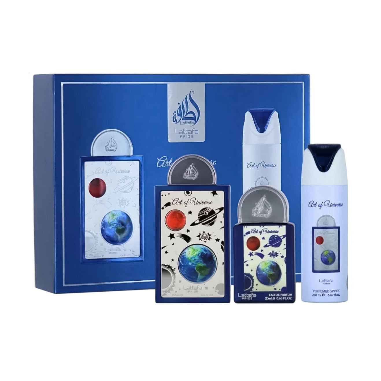 Парфумований набір унісекс Lattafa Perfumes Pride Art Of Universe (парфумована вода, 100 мл + парфумована вода, 20 мл + дезодорант-спрей, 200 мл)