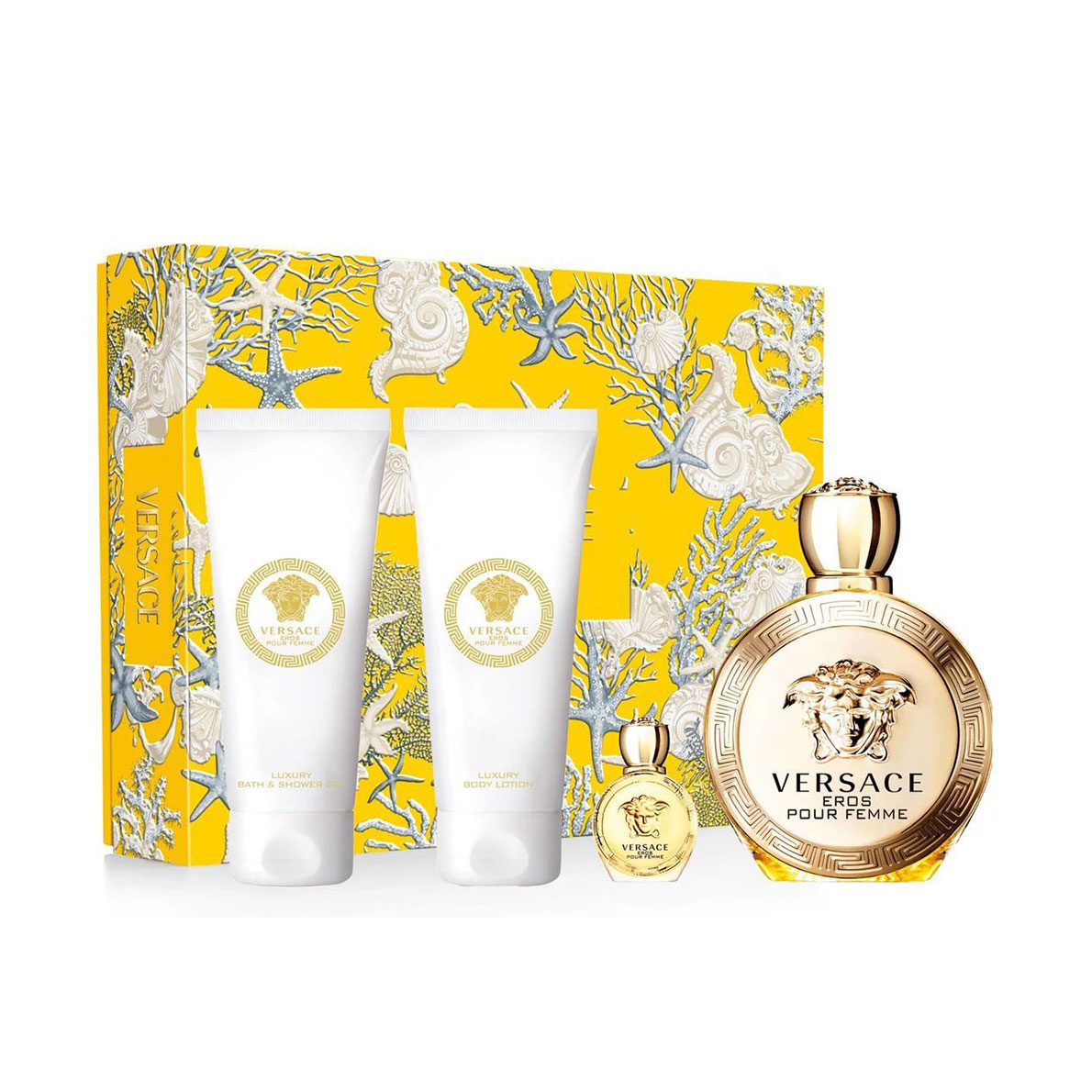 Парфумований жіночий набір Versace Eros Pour Femme (парфумована вода, 100 мл + парфумована вода, 5 мл + гель для душу, 100 мл + лосьйон для тіла, 100 мл)