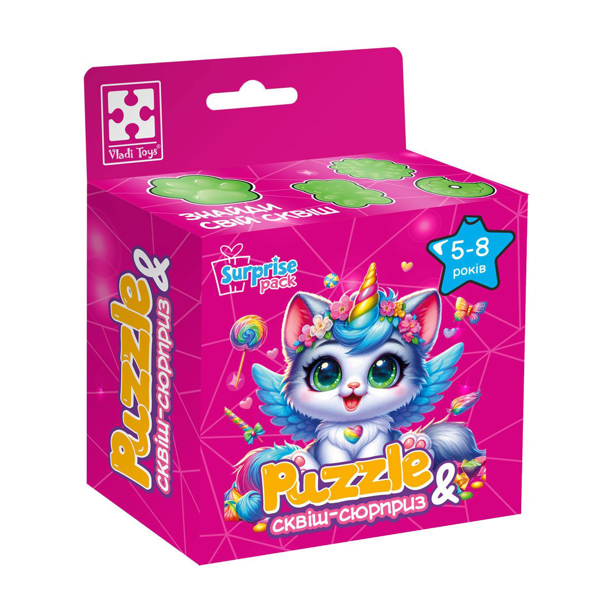 Пазли Vladi Toys Котик-єдиноріжка, із сюрпризом та сквішем, 22*23 см, від 5 років, 180 деталей (VT8030-07)