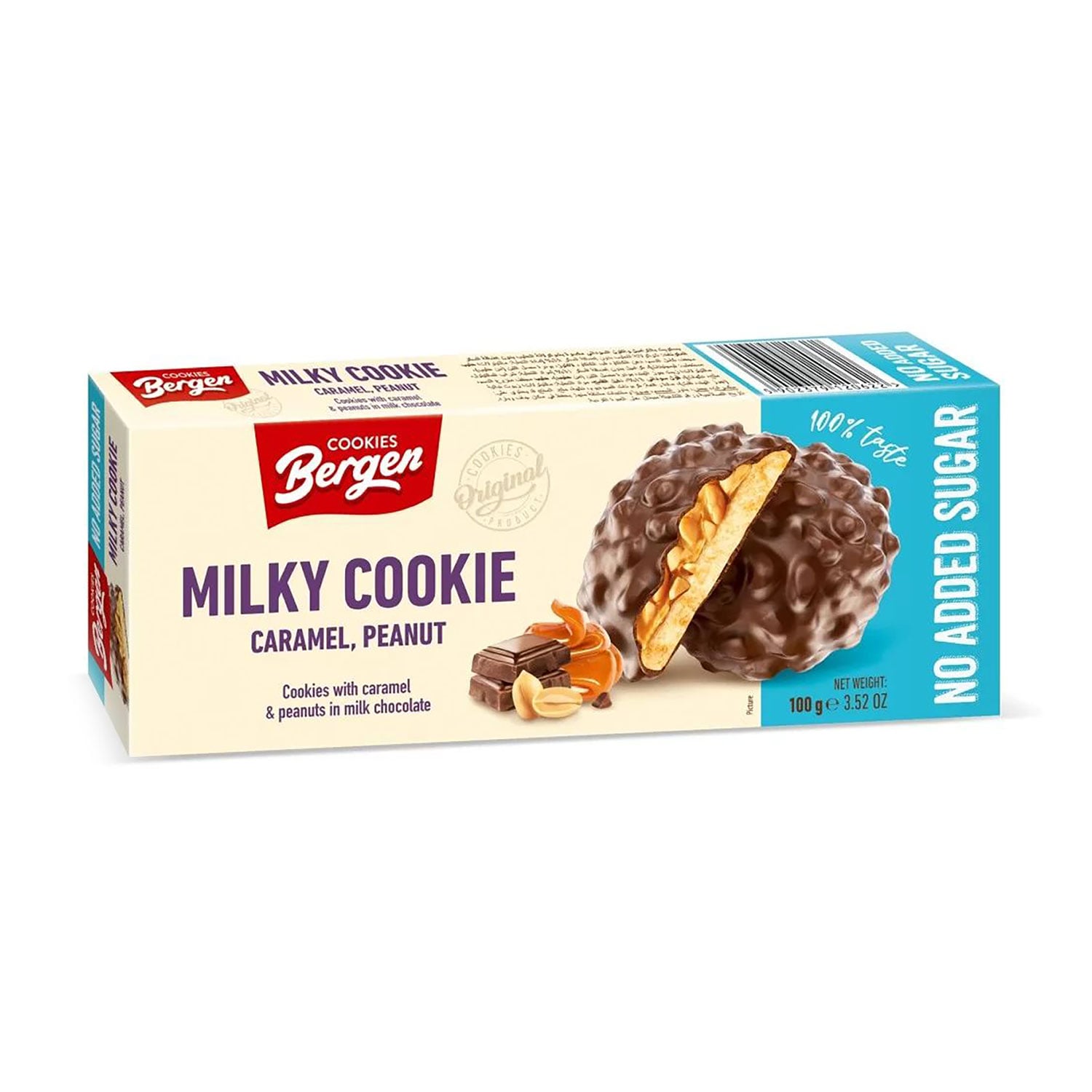 Печиво Bergen Cookies Milky Cookies Молочне, Карамель-арахіс, без цукру, 100 г