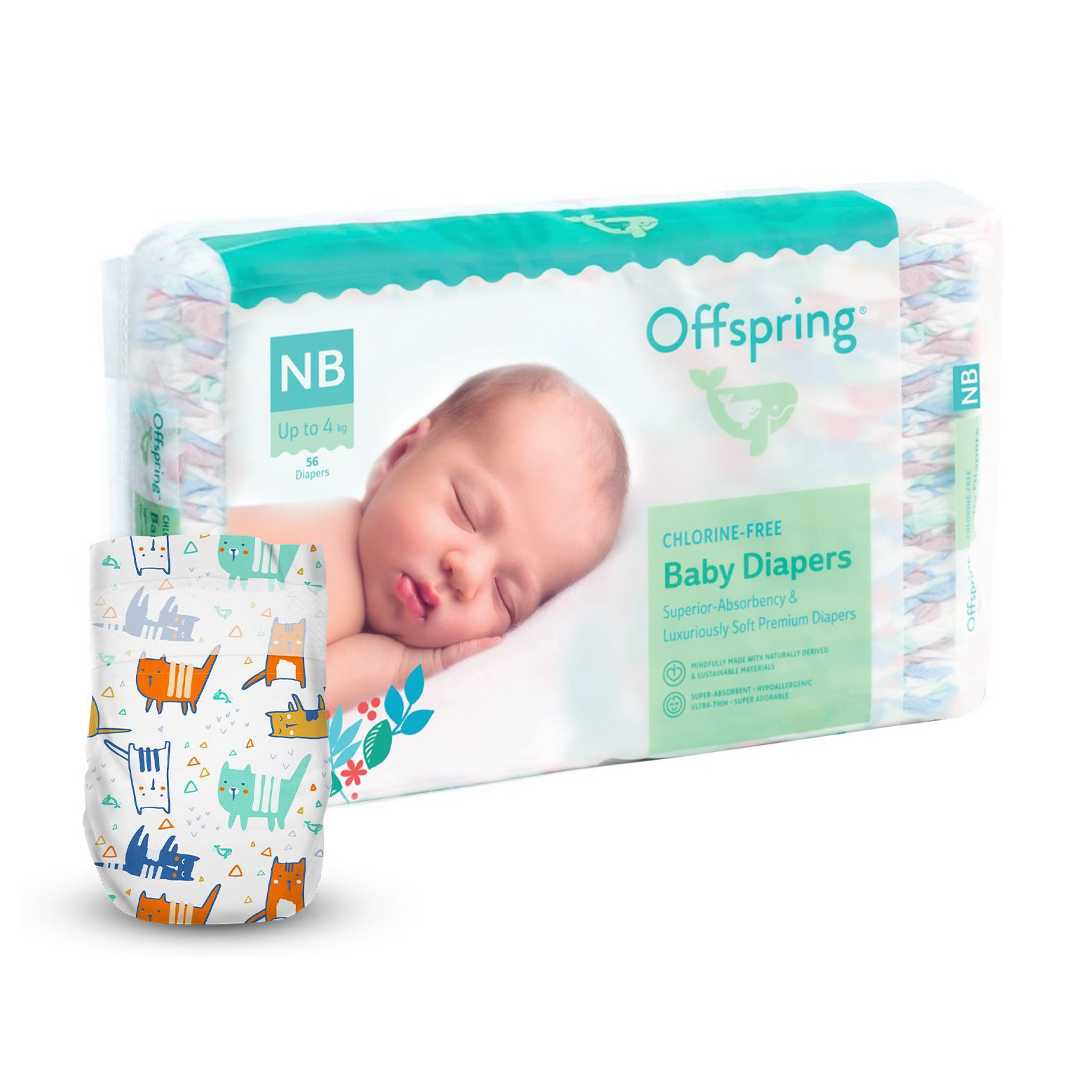 Підгузки Offspring Meow The Cat, розмір NB (до 4 кг), 56 шт
