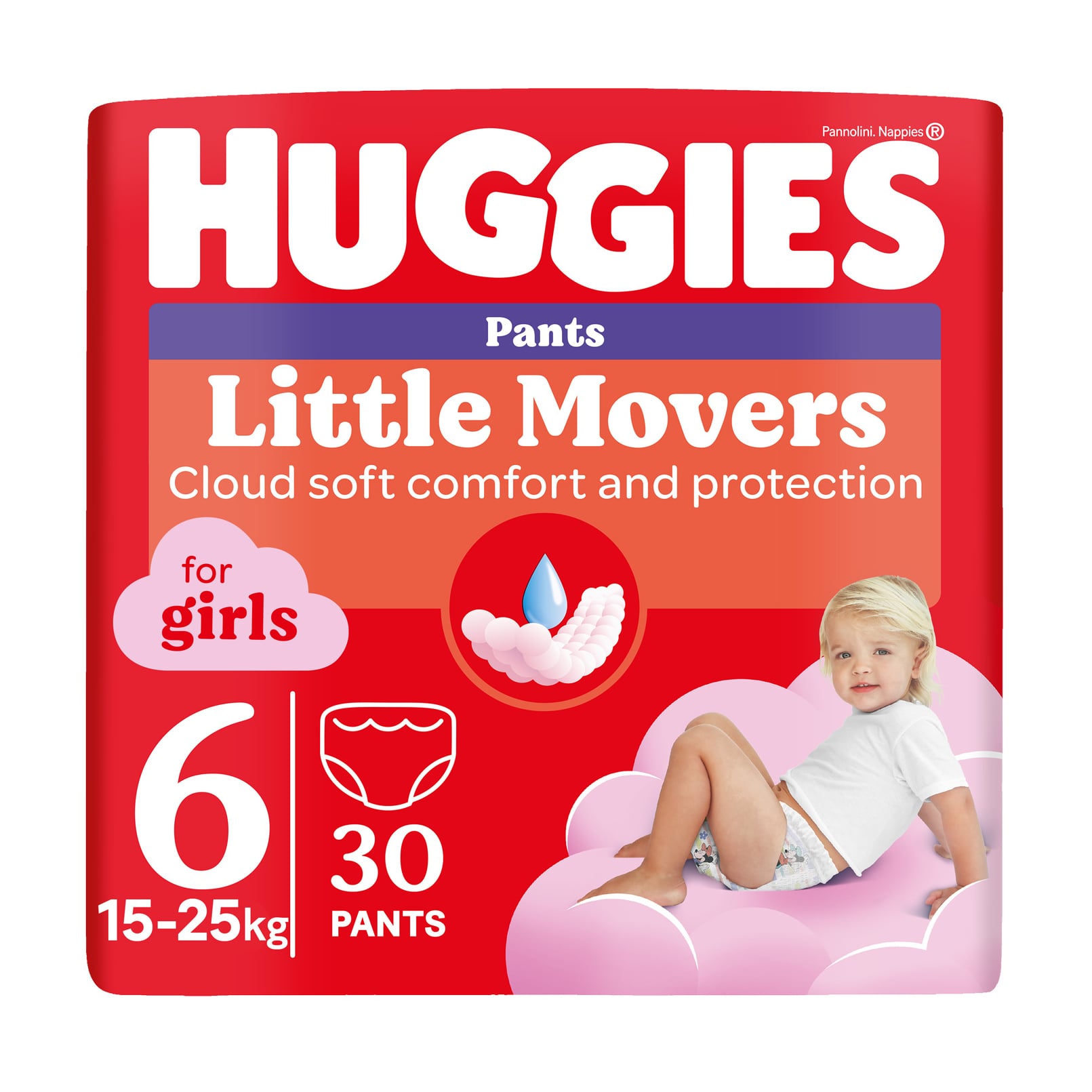 Підгузки-трусики Huggies Little Movers Pants для дівчаток, розмір 6 (15-25 кг), 30 шт